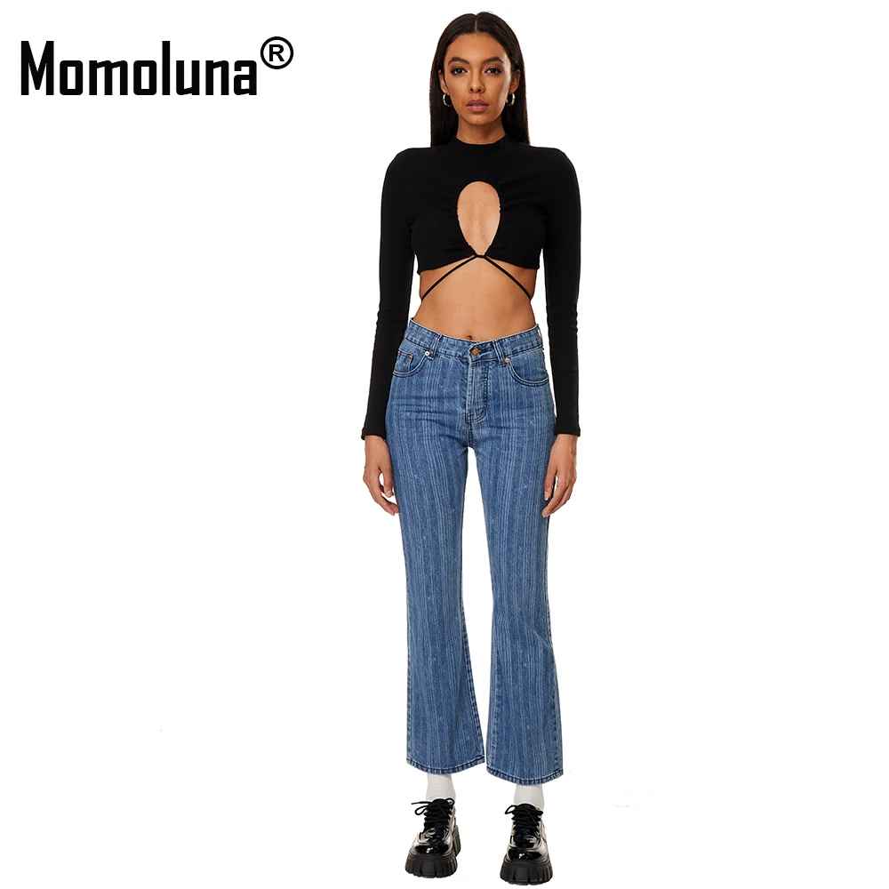 

Momoluna Woman High Waist Striped Star Straight Full Length Denim Jeans S M L