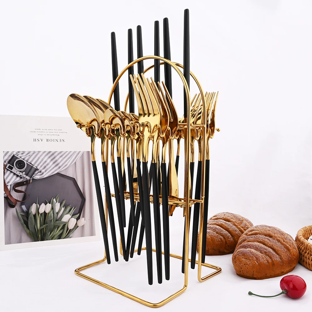 

24pcs Black Gold Dinnerware Set Stainless Steel Cutlery Set Kitchen Fork Knife Spoon Tableware Set Flatware Set Silverware Set
