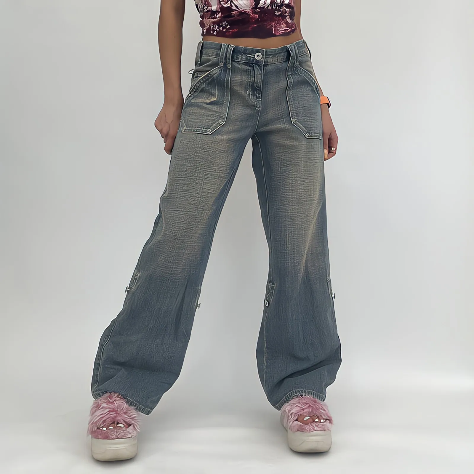 

Джинсы женские с низкой посадкой, прямые широкие брюки в американском стиле, винтажная уличная одежда 90-х, джинсовые брюки с нейтральным эффектом варенки