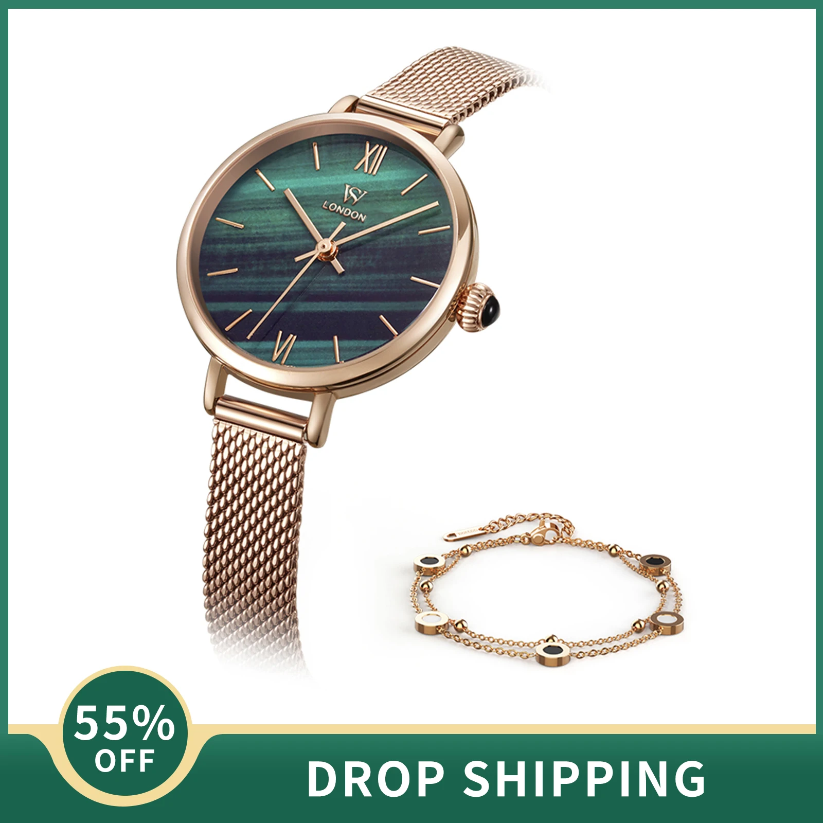 

WS Women's Watch 2022 Fashion Ladies Quartz Watch Round Dial Malachite Textured Wristwatch with Milanese Steel Band Reloj Mujer