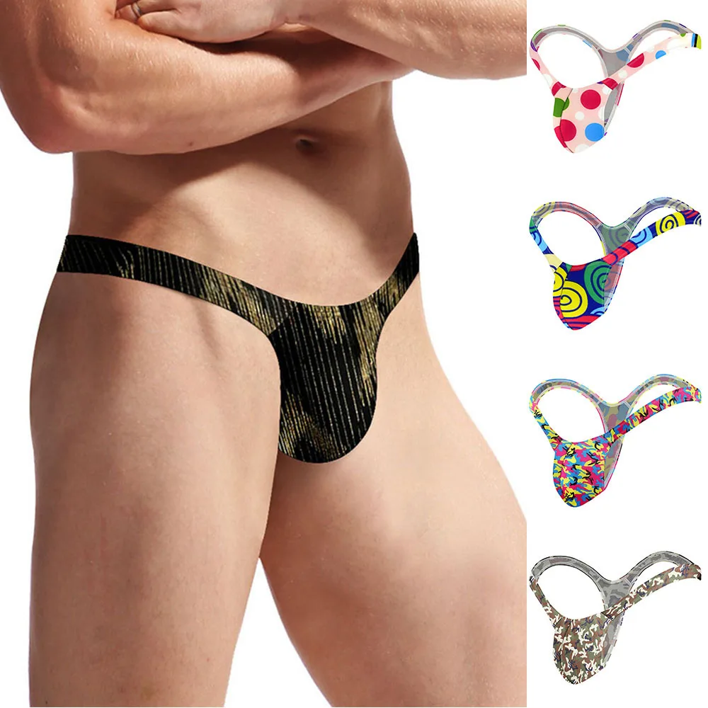 

New Lingerie Sexy Panties G-string Printed Briefs T Back Underwear Men Thongs Convex Pouch Bag Low Rise Jockstrap Breathable