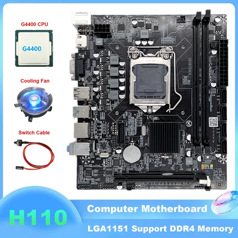 

H110 Computer Motherboard LGA1151 Supports Celeron G3900 G3930 Series CPU With G4400 CPU+Cooling Fan+Switch Cable