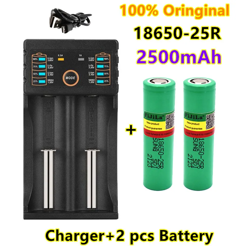 

100% original novo 18650 2500mah bateria inr18650 25r 20a baterias de lítio de descarga + carregador