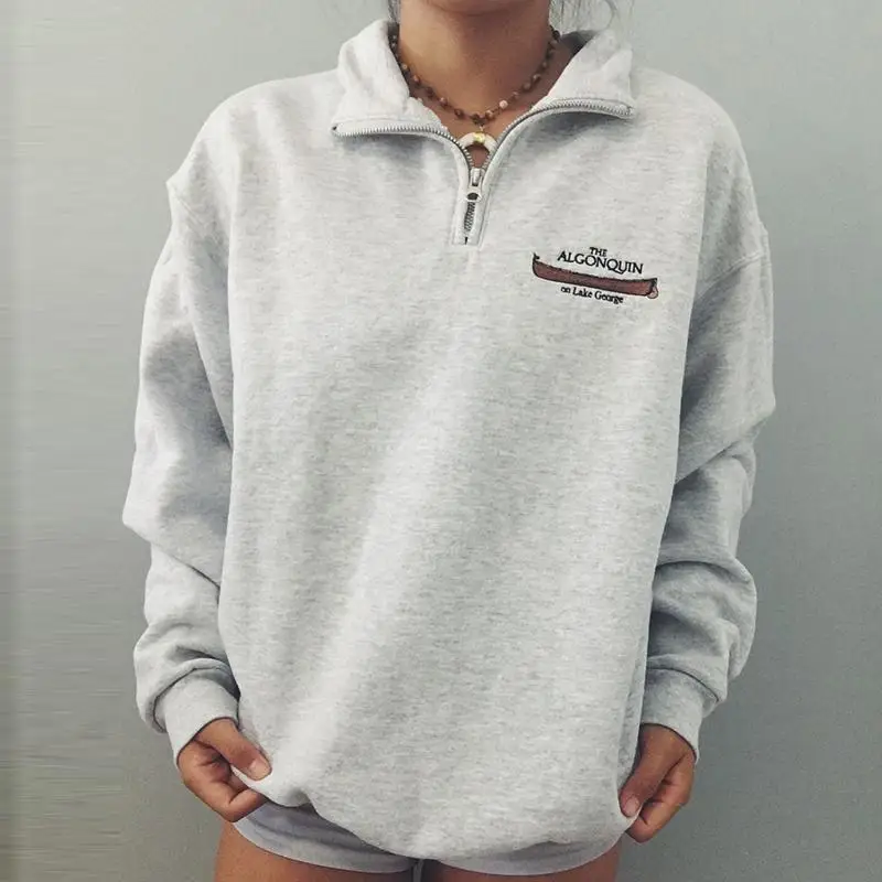 

Thick Gray Zipper Letter Print Sweatshirt Oversized Women Autumn Warm 2022 Long Sleeve Pullovers Elegant Streetwear Zip Up