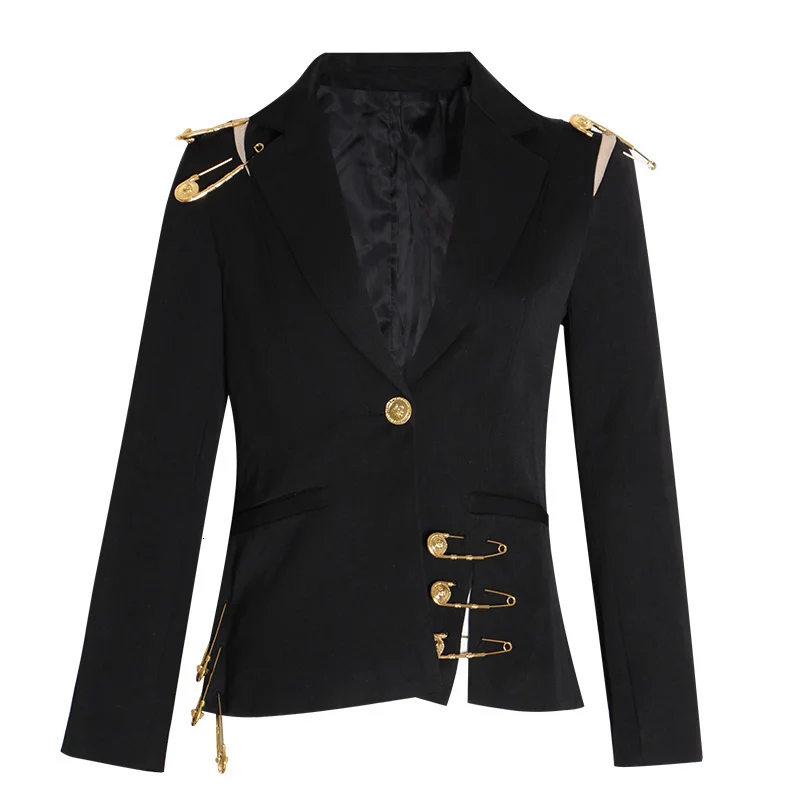 Fashion 2023 Autumn Winter Loose Fit Black Hollow Out Pin Spliced Jacket Blazer New Lapel Long Sleeve Women Coat