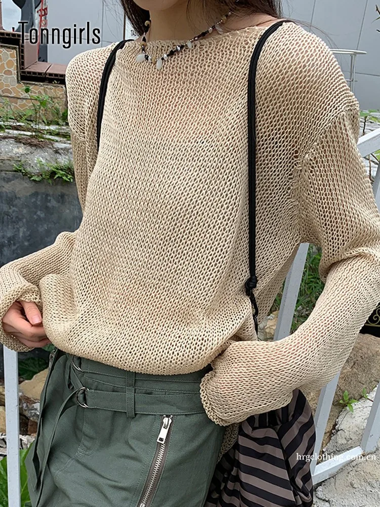 

Tonngirls Hollow Out Knitted Smock Long Sleeve T Shirt Women Vintage Tee Top 2022 Summer Korean Fashion Streetwear Y2k Tshirts