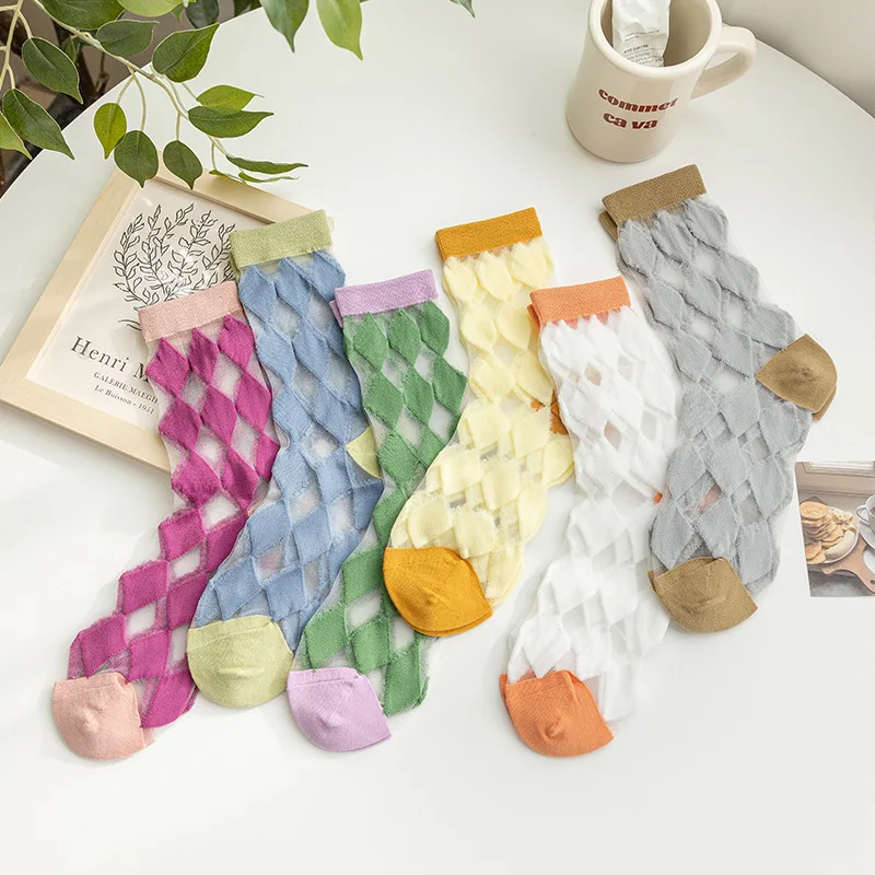 

New Women Socks 2022 Fashion Middle Tube Retro Mixed-Color Transparent Summer Long Socks Girls Trendy Breathable Sweat-absorbent