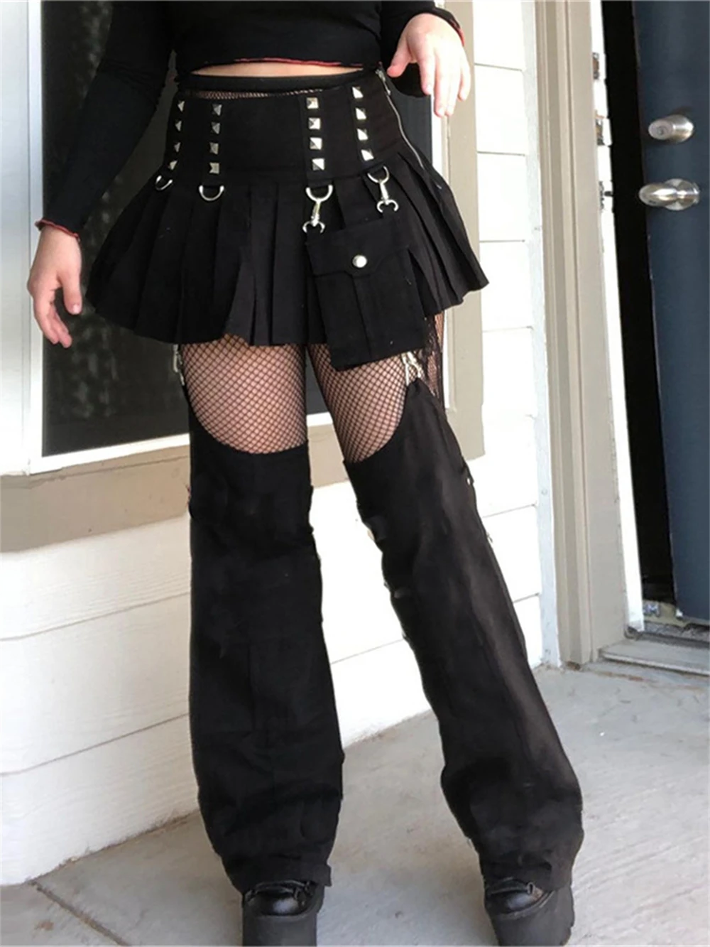 Юбка-карго в стиле Харадзюку штаны гранж и готические ажурные джинсовые брюки