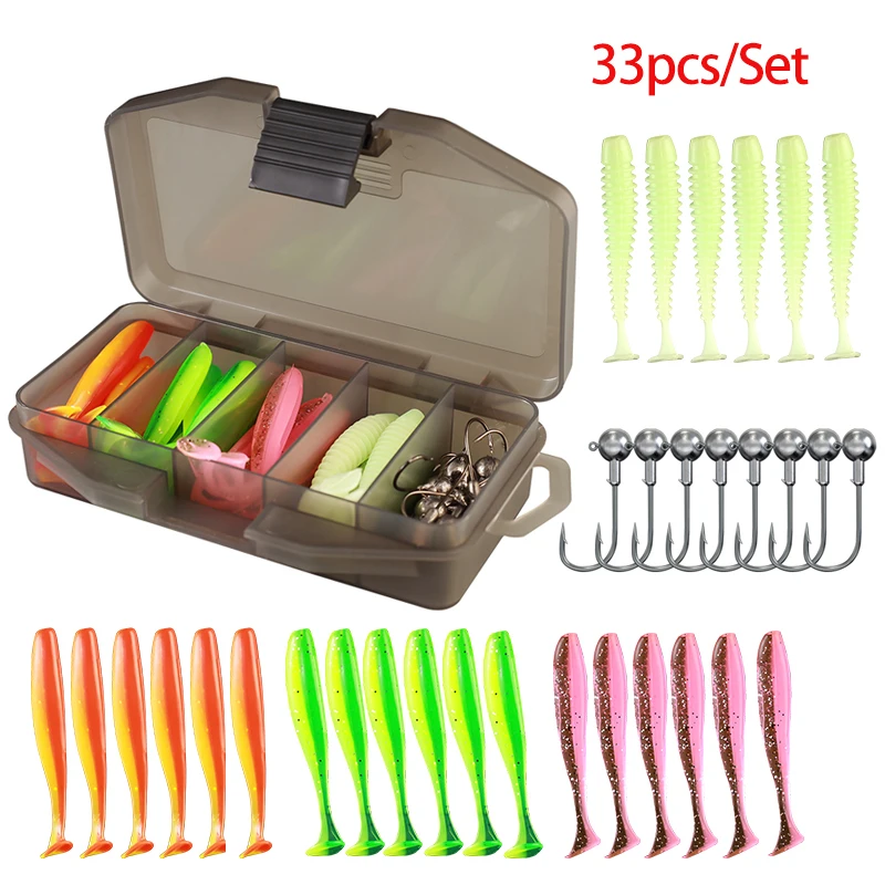 

33pcs/lot Soft Lure Kit Soft Fishing Lure 3.5cm 5g Jig Head Hook 7cm 2g Fishing Hooks with Fishing Tackle Box Pesca