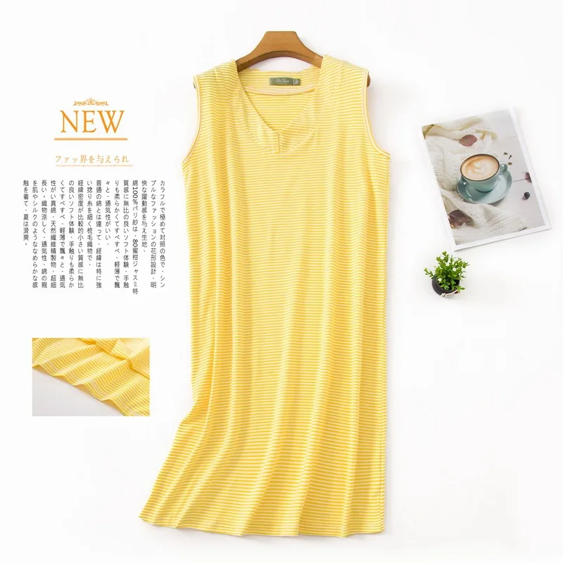 Summer Black Stripe Nightgown For Women Elastic Nightdress Women's Cotton V-Neck Sleeveless Nightwear Fashion Casual Dress