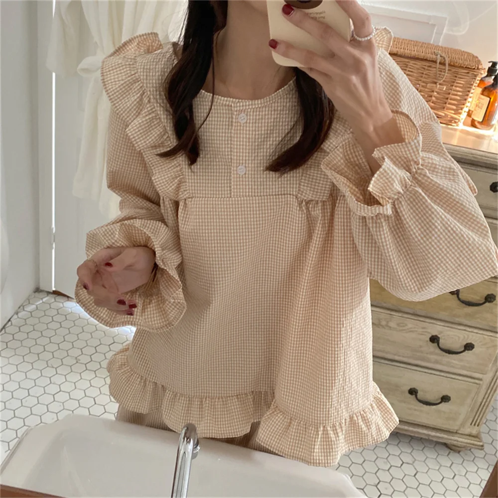 

Alien Kitty Women Sleep Clothe Plaid Girls Sweet New 2022 Loose Spring Casual Ruffles Chic Comfortable All Match Pajama Suits