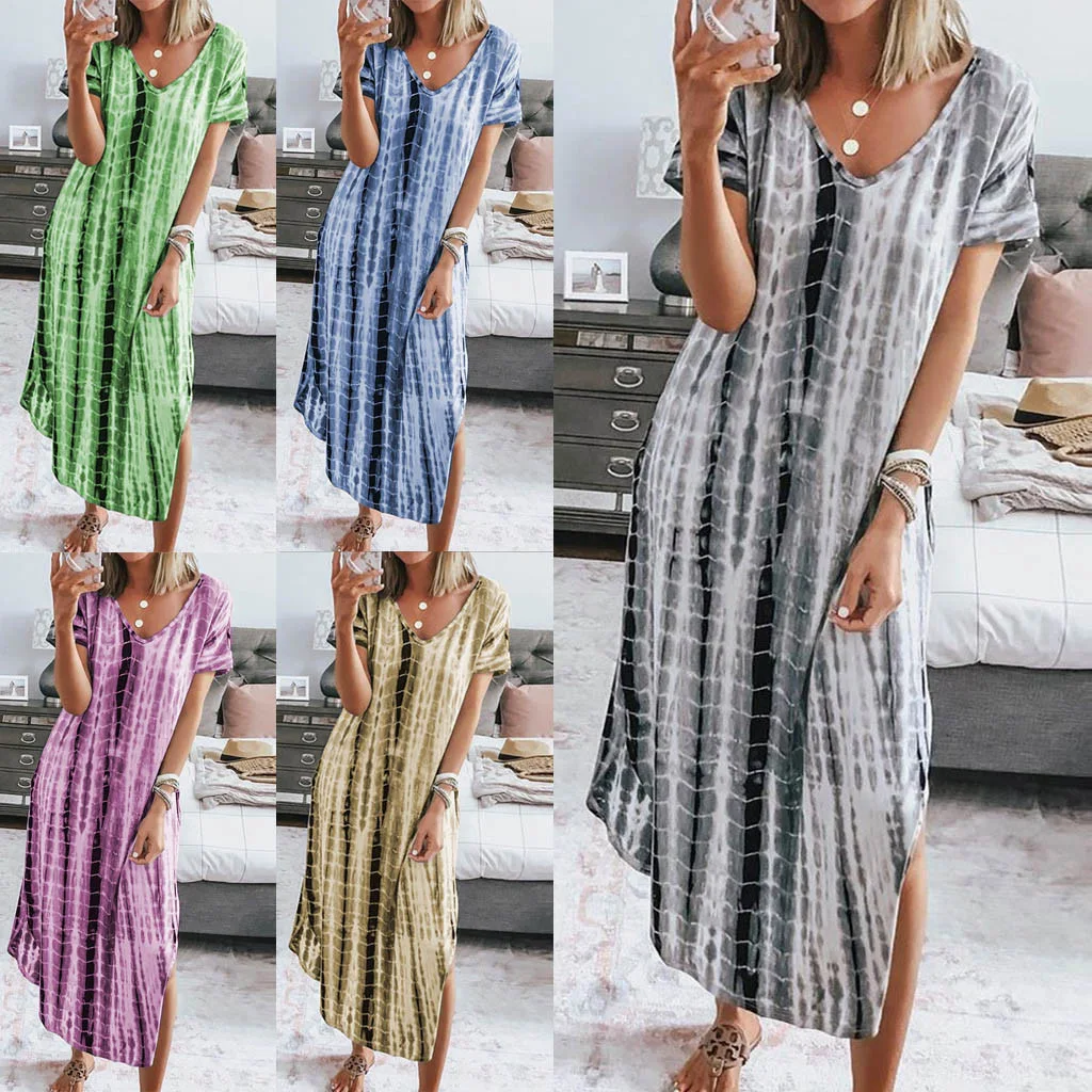 

2022 Summer New Beach Dress Women's Printed Tie Dyed Split V-neck Loose Slim Irregular Dress Vestidos De Mujer