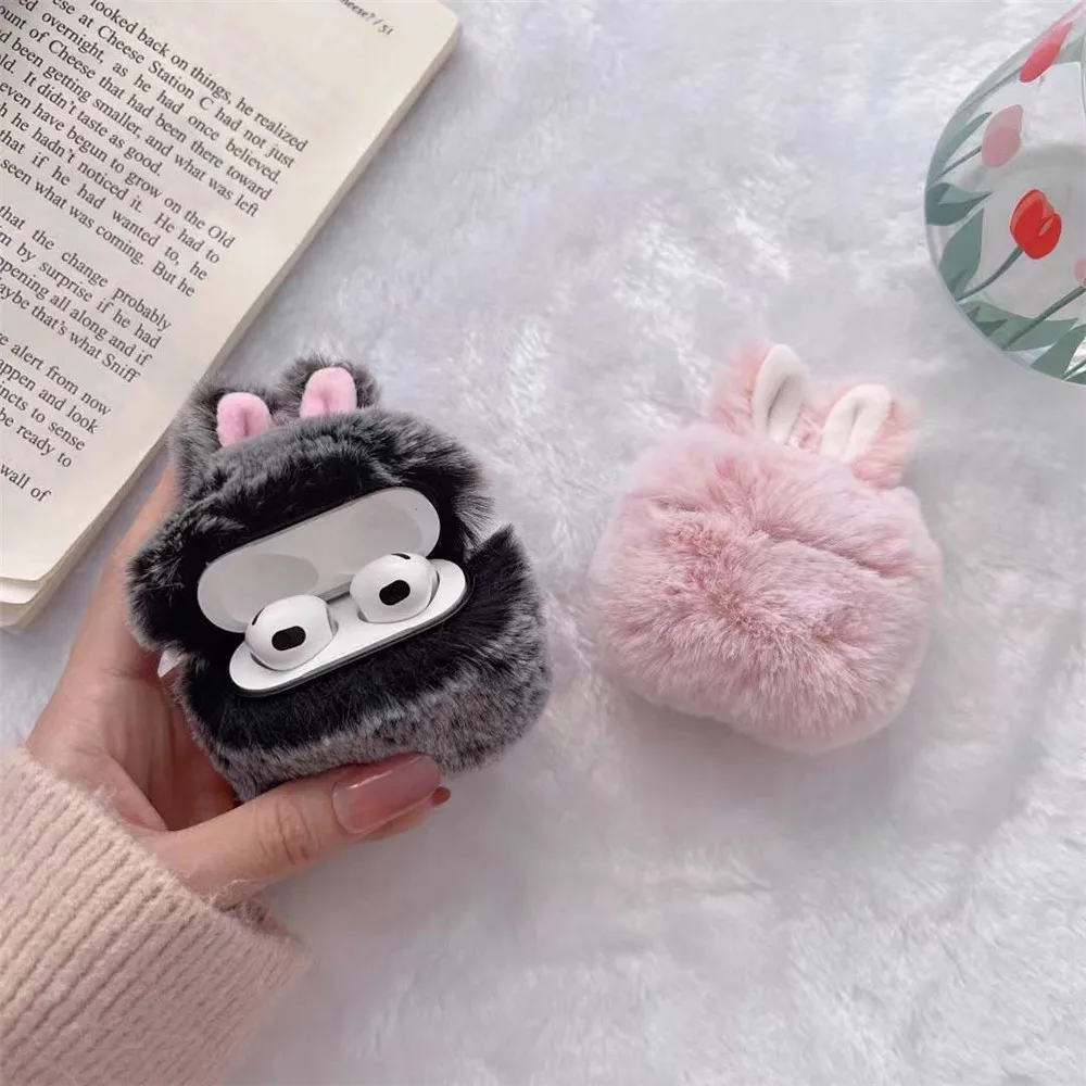 

Cute Soft Fluffy Plush Rabbit Ear Hand Warmer Silicone Wireless Bluetooth Earphone Case For AirPods pro 3 for AirPods 1 2 cover