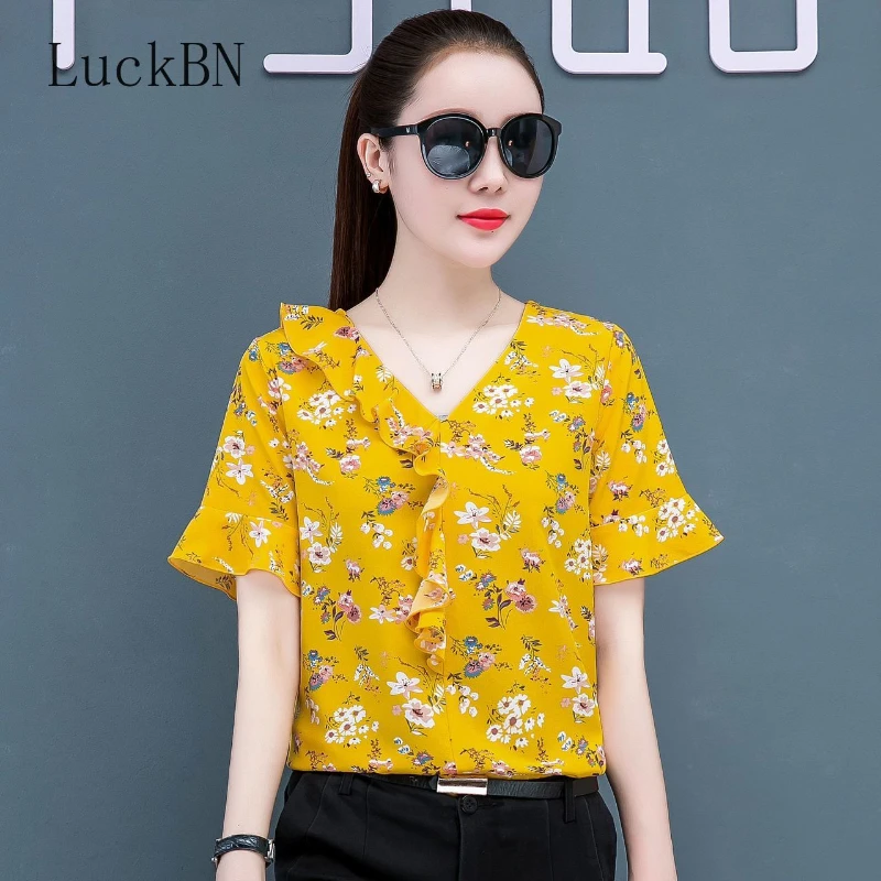 

Летние топы с цветочным принтом, блузка с оборками и коротким рукавом, женская рубашка, зеленая, красная, шифоновая рубашка, модные корейски...