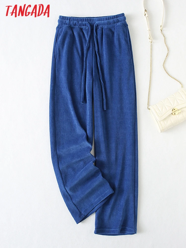 

Tangada Fashion Women Dark Blue Strethy Waist Suit Pants Trousers Vintage Style Pockets Office Lady Pants Pantalon YU88