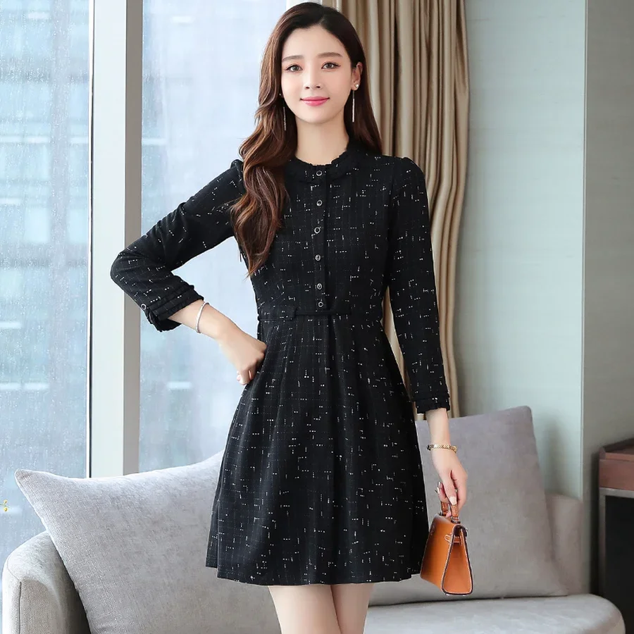 2024 винтажные черные шикарные мини-платья с длинным рукавом Осень-зима однотонное