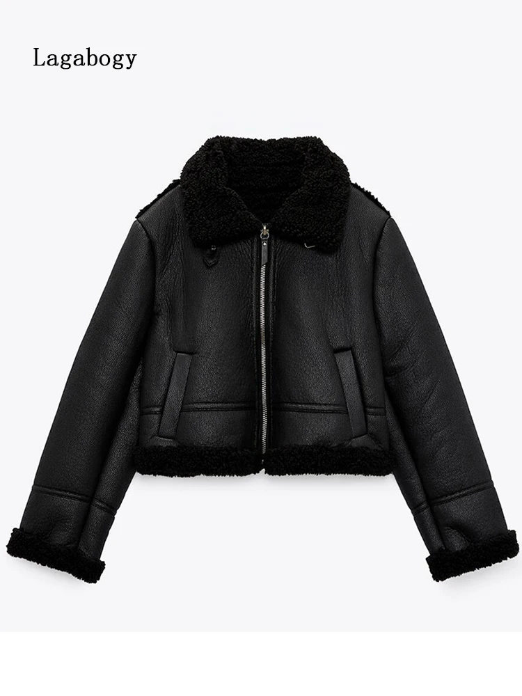 

Lagabogy New Winter Women Lambs Faux Leather Splicing Short Jacket Female Oversize Snow Coat Lamb PU Leather Thick Warm Outwear