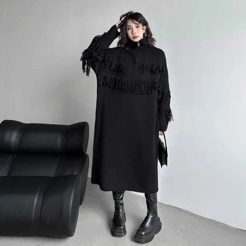 

Long Knit Turtleneck Sweater Dress Lazy Wind Tassel Dress Women Sweater Knitted Zipper Coats Korean Women Coats Winter Clothes