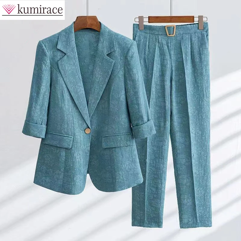 2022 New Korean Fashion Suit Elegant Women's Summer Clothes Thin 7-point Sleeve Printed Jacket Straight Pants Two-piece Set