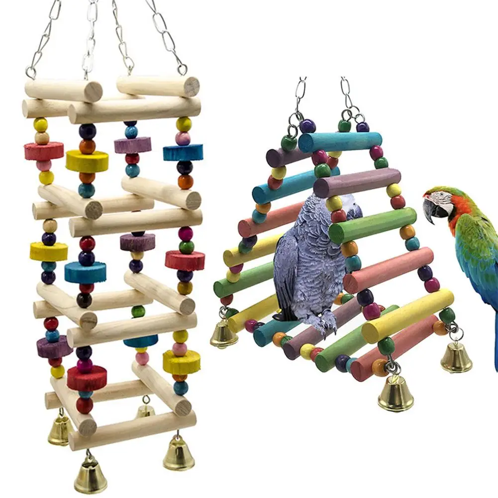 

NEW Parrot Hanging Wooden Rainbow Climbing Ladder Toy With Bells Bird Cage Accessories For Large Small Birds