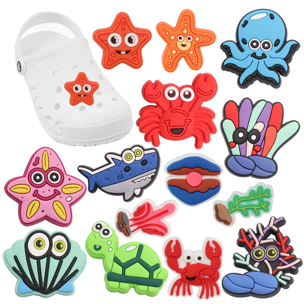 

Mix 50PCS PVC Croc Jibz Buckle Starfish Crab Octopus Seaweed Coral Shell Turtle Shark Garden Shoes Button Decorations Xmas Gift