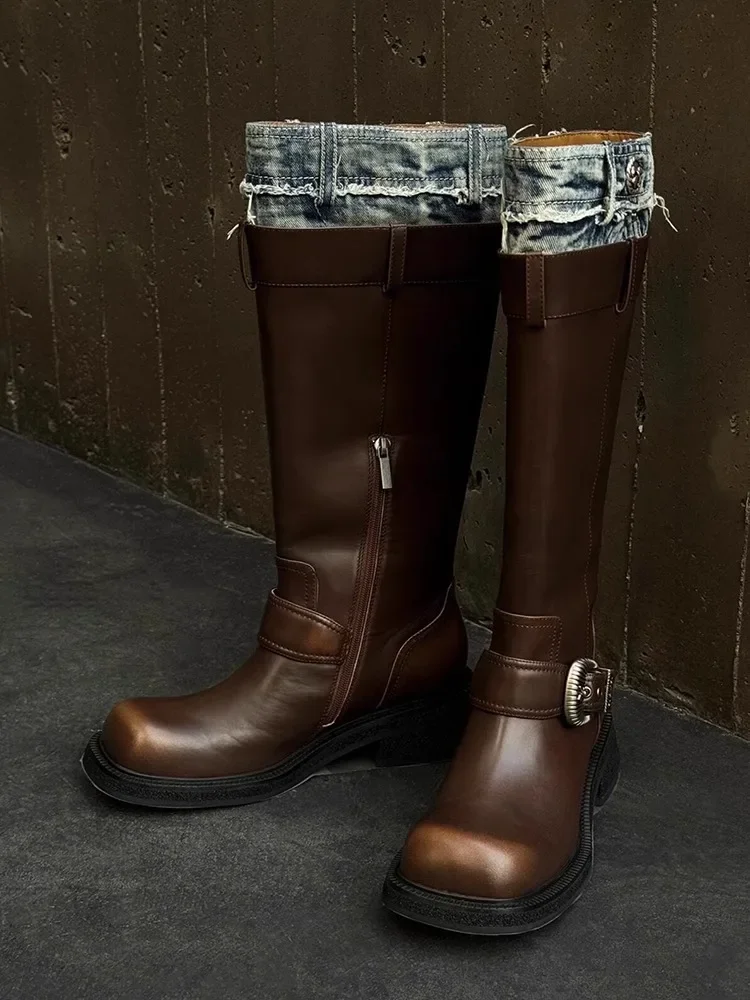 Сплай ​ Коричневые высокие сапоги из материала с квадратным носком винтажные