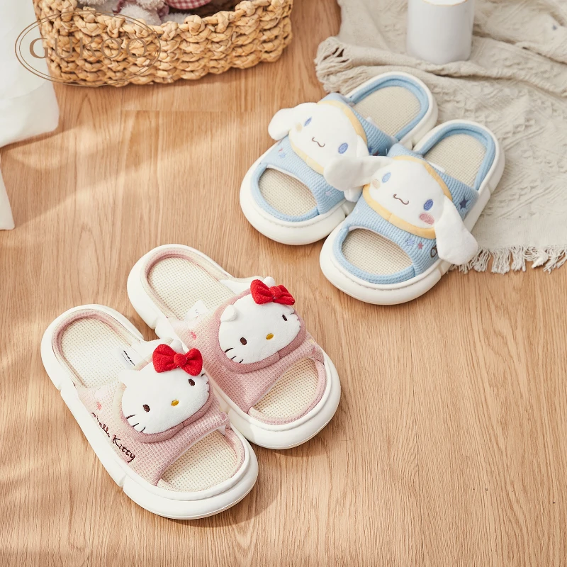 

Домашние тапочки Hello Kitty, Симпатичные льняные тапочки, Мультяшные детские Тапочки