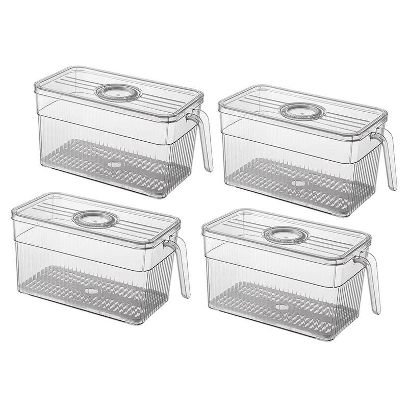 

Fridge Organizer With Freshness Timer Lid, Stackable Refrigerator Organizer Bins With Front Handle And Drain Tray 4Pack
