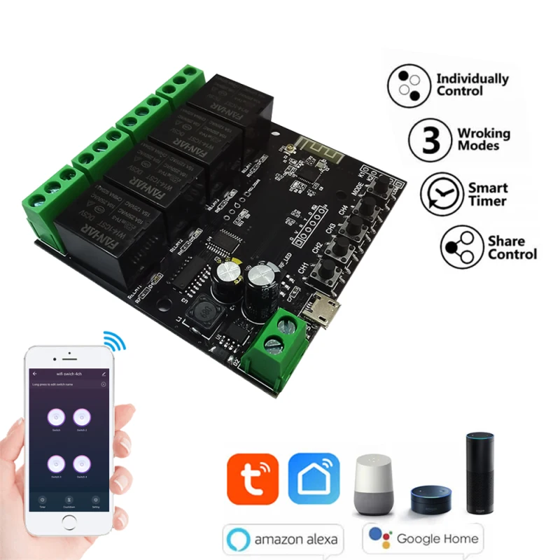 

Voice Control 12v Remote Control Switch Module Smart Life Wifi Smart Mini Relay Module Inching Self-locking Tuya