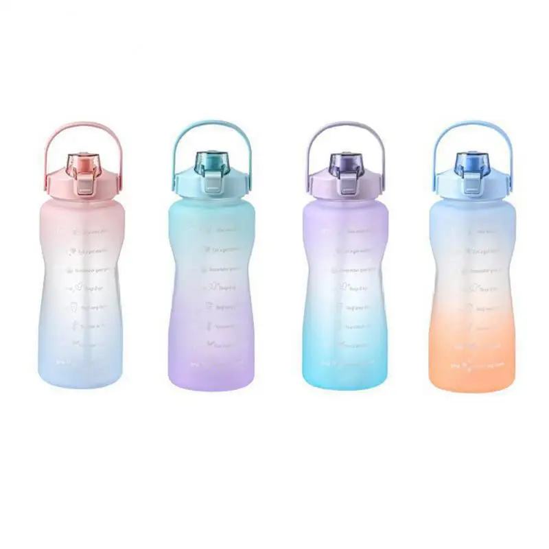 

2L Large Capacity Water Bottle Straw Cup Gradient Color Plastic Water Cups With Time Marker Outdoor Fitness Sports Bottle