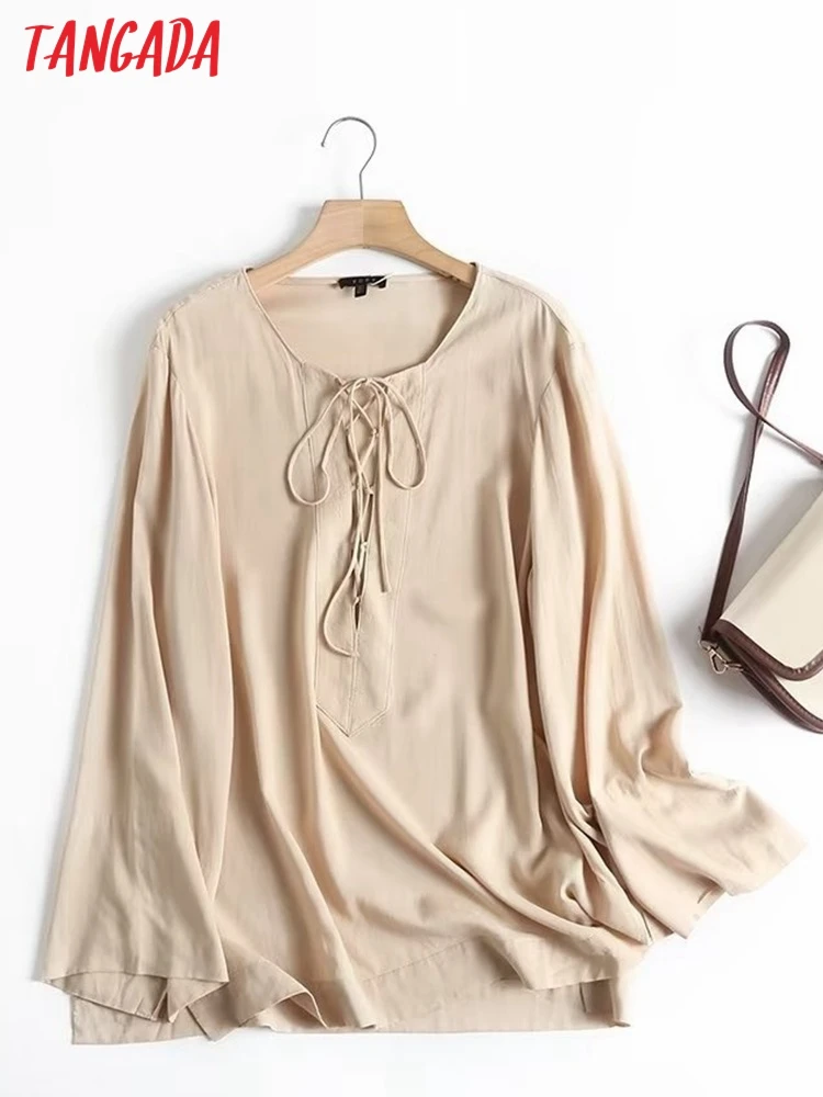 

Tangada Women Retro Oversized Cotton Linen Shirt Lace Up Long Sleeve Chic Female Casual Loose Shirt Tops 4C90