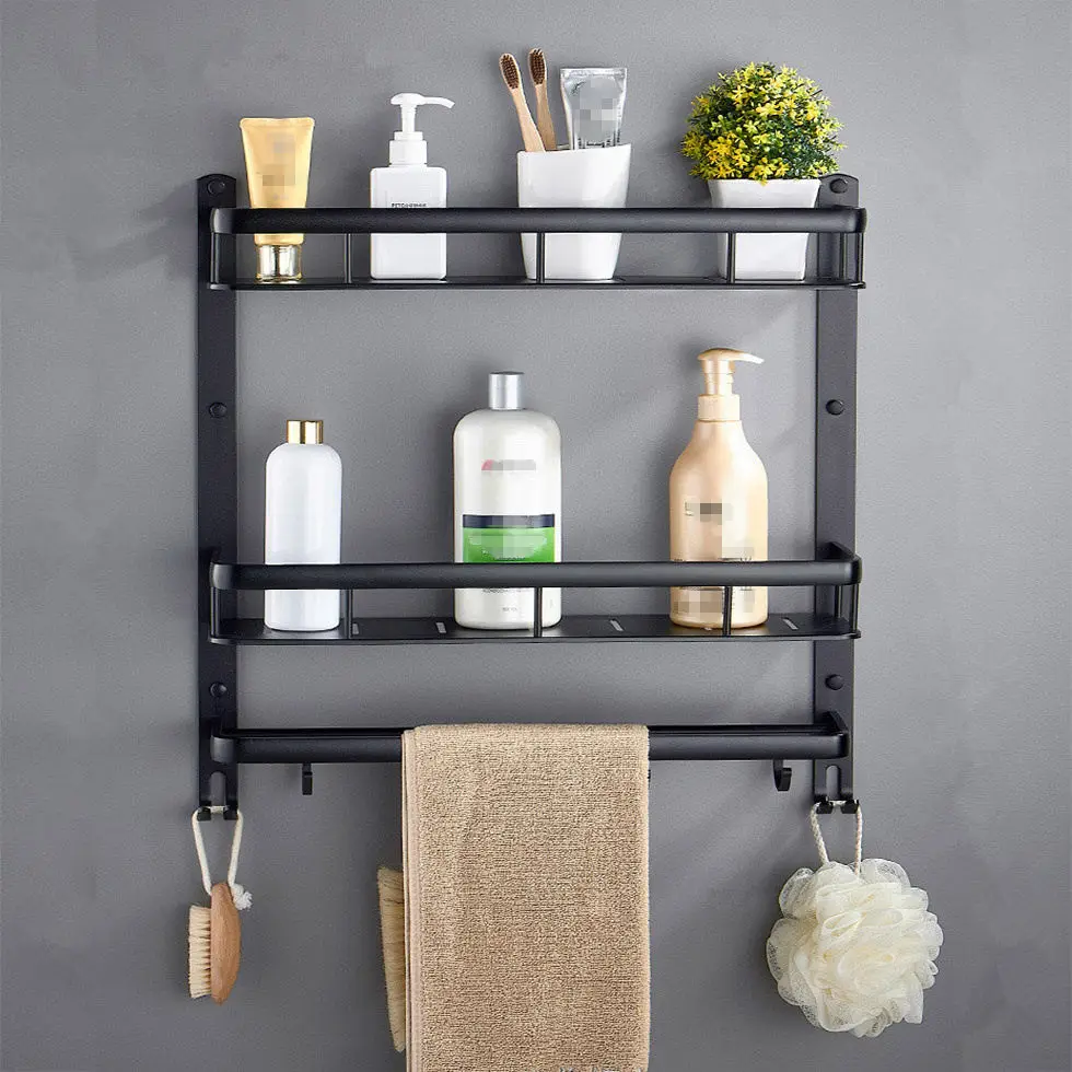 

Bathroom Black Shelf Aluminum Shower Caddy Corner Shelves Bath Towel Rack with Bar Hook Hair Dryer Holder etagere salle de bain