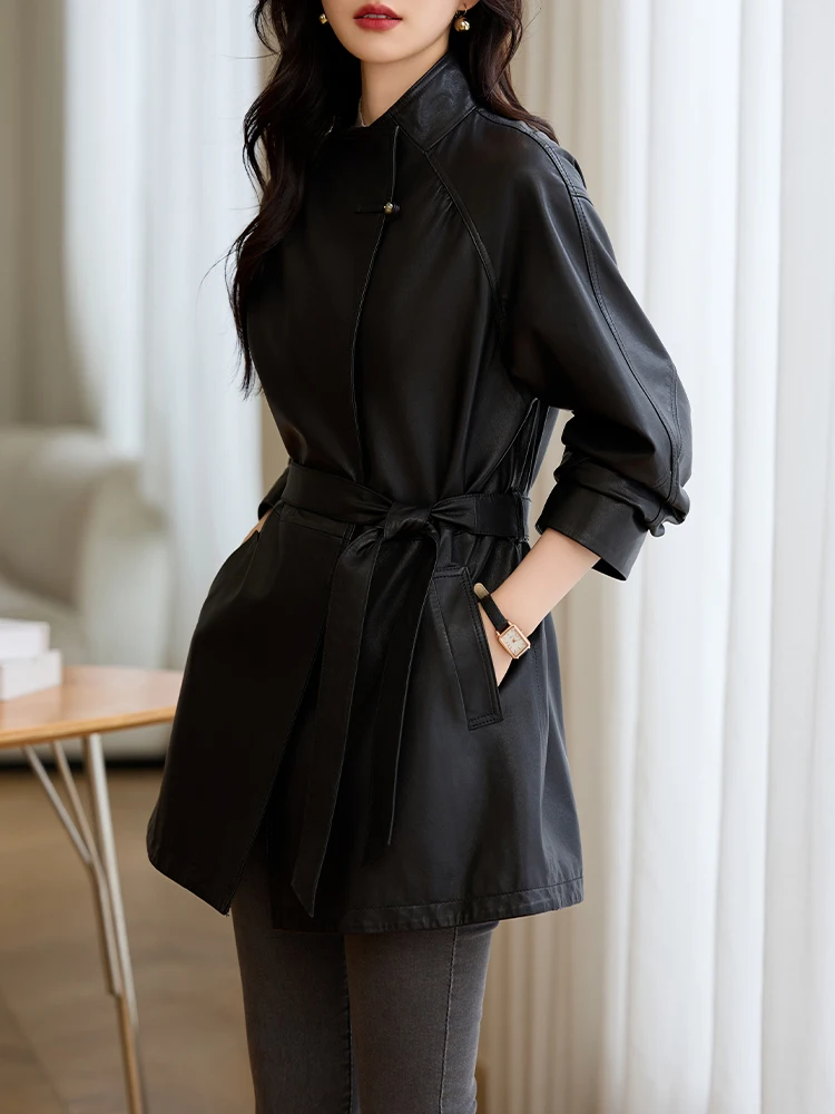 Осень 2024 модное новое пальто из натуральной кожи женский Тренч овчины High Sense of