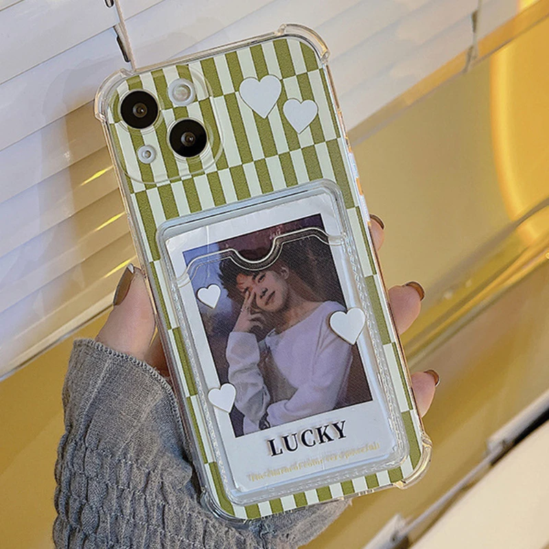 

For iPhone 13 11 12 Pro X XR XS Max Cute love heart Green Grid Clear Cover For iPhone 7 8 Plus Shockproof Card holder Phone Case