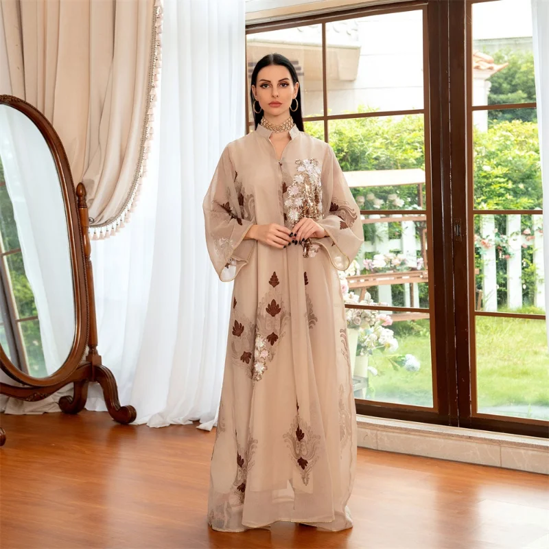 Muslim Abaya Dress Dubai Ramadan Sequins Floral Embroidered Casual Loose Robe Moroccan Caftan Dresses For Women