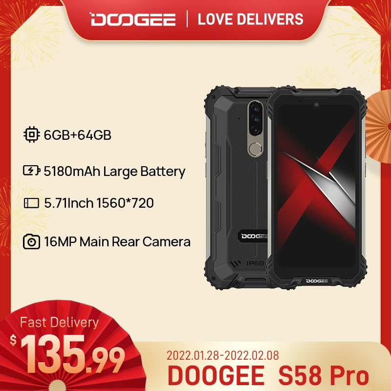 

Смартфон DOOGEE S58 Pro защищенный, IP68/IP69K, 5180 мА · ч, экран 5,71 дюйма FHD +, 6 ГБ + 64 ГБ, Android 10, NFC