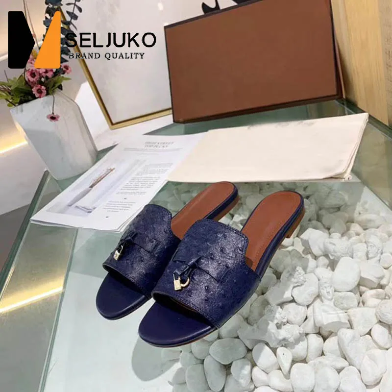 

2022 Summer New Outdoor Flat Women's Sandals Fashion Elegant Ostrich Pattern Cowhide Women's Plus Size Beach Flip Flops