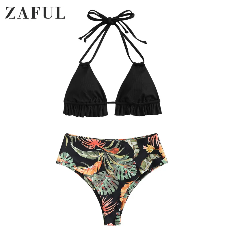 

ZAFUL High Waisted Ribbed Strappy Leaves Print Bikini Swimwear