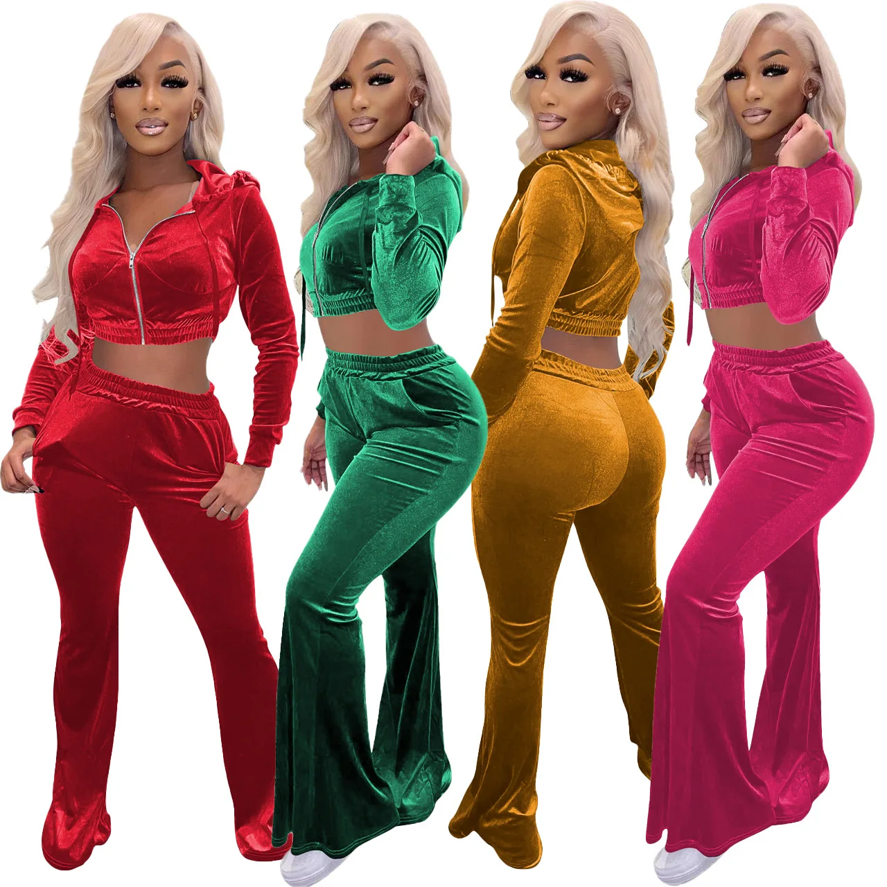 

Женский Повседневный костюм из двух предметов, однотонная бархатная толстовка с длинными рукавами и брюки-клеш без талии, спортивный костюм на осень и зиму