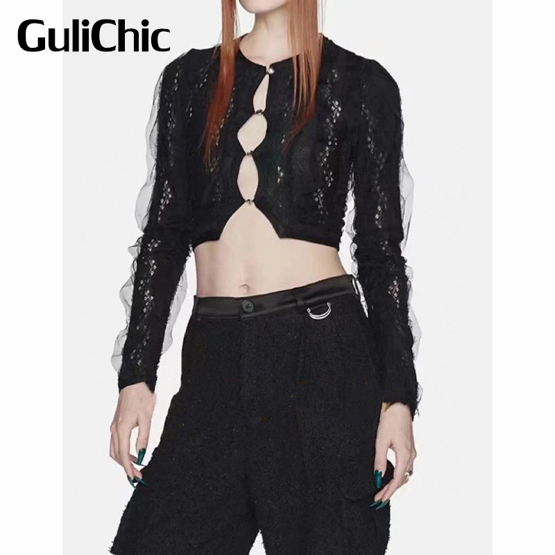 

GuliChic 9,24, женская мода, повседневный черный сетчатый вязаный короткий кардиган с круглым вырезом и длинным рукавом