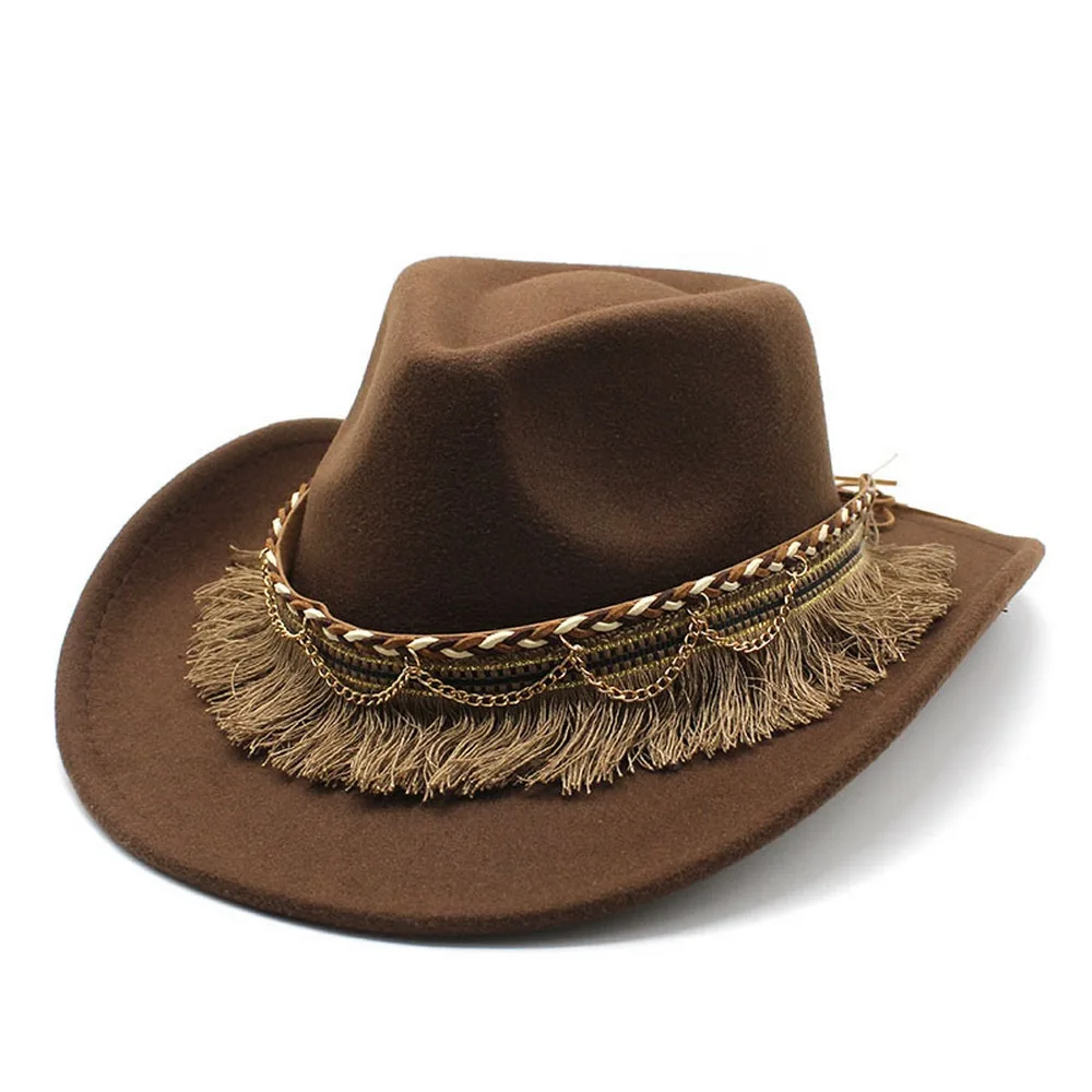 

Cowboy Hat For Women And Men Tassels Jazz Cap Woolen 57-58cm Ethnic Style Curved Brim High Quality Cowgirl NZ0062