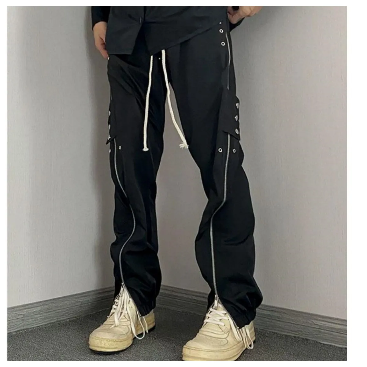 American Black Zipper Work Suit With Side Buckle Zipper  Pants Casual And Loose Fitting Straight Tube Fashion Style