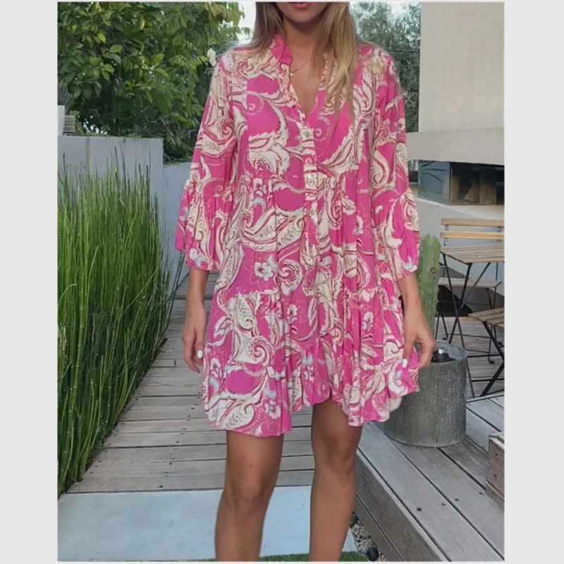 

Женское Повседневное платье с принтом в стиле бохо, свободное пляжное платье большого размера, плиссированные мини-платья с расклешенным р...