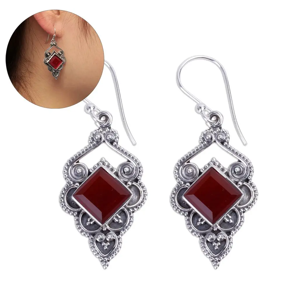 

Party Engagement Wedding Jewelry Natural Stone Chic Dangle Gemstone Red Agate Earrings Ruby Ear Stud