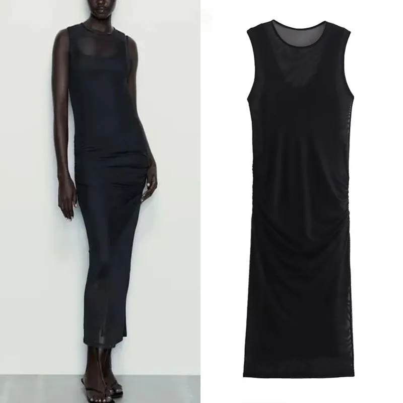 

Сексуальное черное Тюлевое платье TRAF 2023 для женщин, летние длинные платья, модное женское платье с круглым вырезом и боковыми складками, женское платье, лето 2023