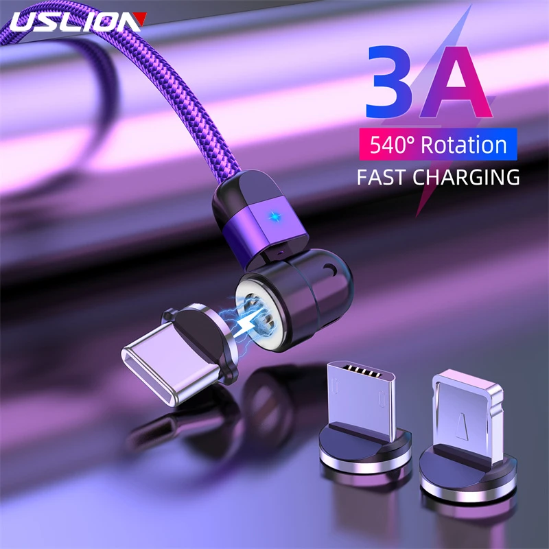 

USLION 3A Magnetic Micro USB Type C Cable Phone Accessories Charging For iPhone 7 8 Plus Xr 11 Xiaomi Redmi Charger 540 Rotation