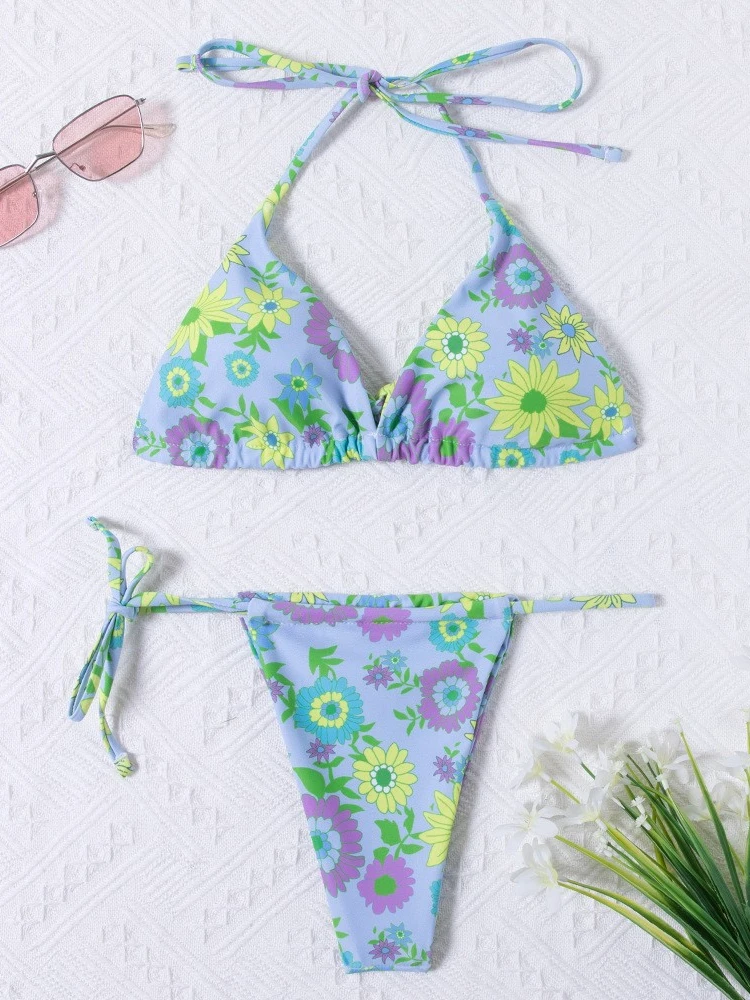 

Sexy Mini Bikini Women Retro Printed Triangle Thong Swimsuit Female Halter Top Beachsuit Summer Brazilian Biquini Bathing Suit