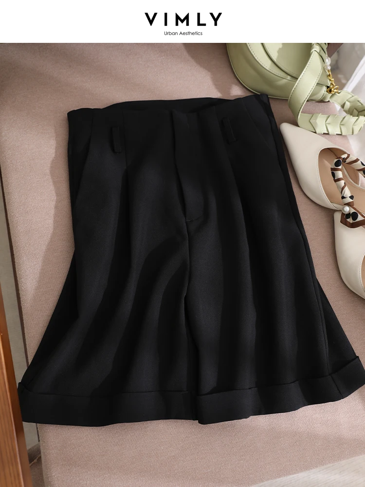 Vimly Black Suit Shorts for Women 2023 Summer Trousers Fashion High Waist Slim Waist Pleated Straight Wide Leg Casual Pants