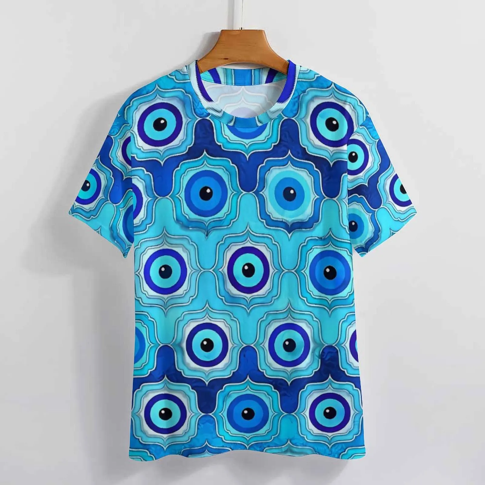 Фото Женская футболка Evil Eye с круглым вырезом Футболки с короткими рукавами Синие стеклянные и серебряные красивые топы с принтом Уличный стиль Футболки большого размера №4