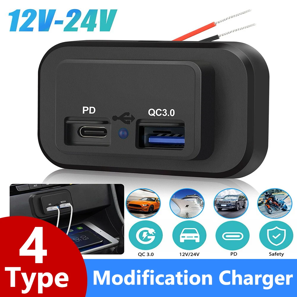 

Universal Car Charger 12/24V PD+QC3.0 Dual Ports Fast Charger Socket Power Outlet Waterproof Accessories For RV Bus Camper